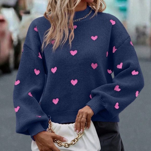 Royal Blue Casual Womens Heart Pattern Mock Neck Drop Shoulder Sweater - Picture 4 of 5